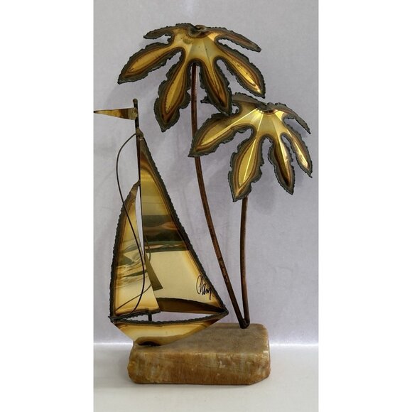 Other - Vintage Mario Jason Signed Brass Sailboat & Palm Trees Onyx Base 12" Tall Retro